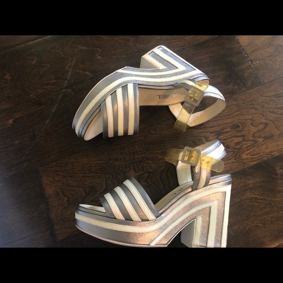 CHANEL Striped Silver White Platform Wedge Shoes - Picture 7 of 7